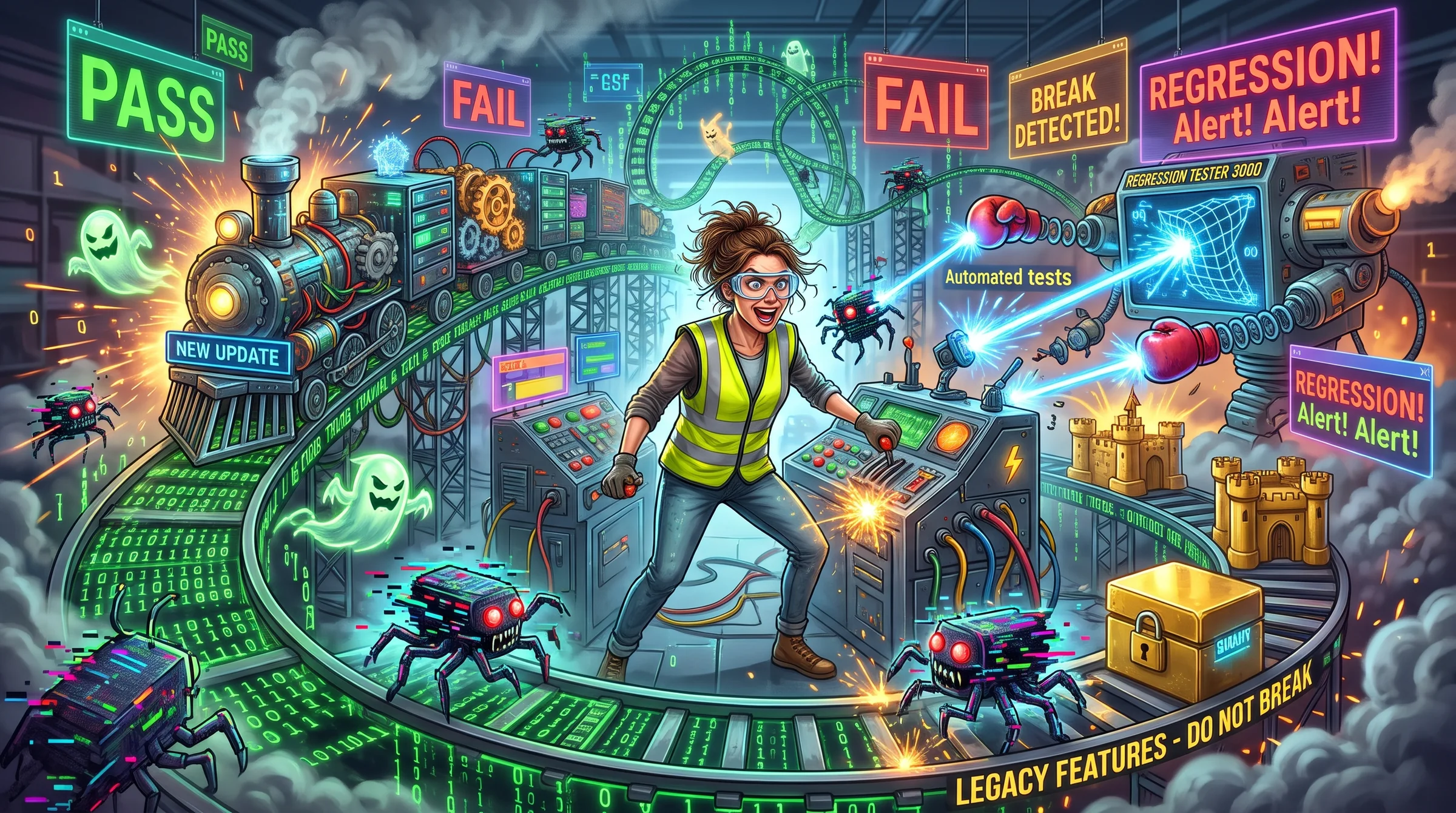 Illustration of automated regression tests catching software bugs while an update runs through a factory