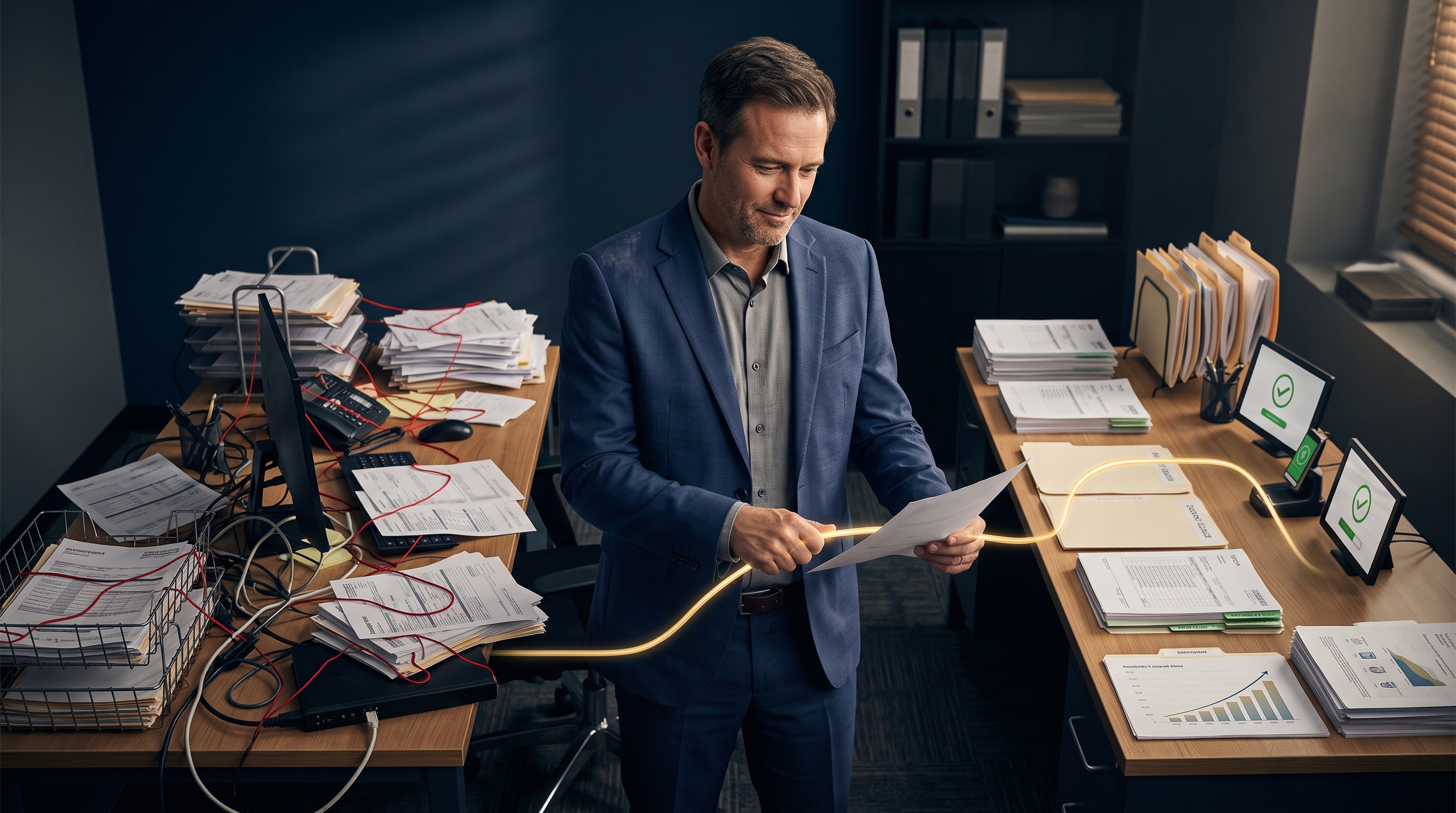 Business owner standing between a cluttered manual process and an organized automated workflow