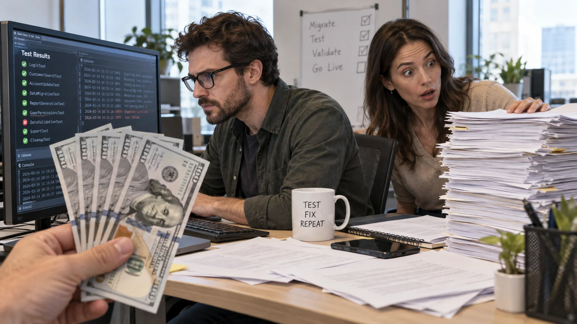 Software tester validating a data migration beside $100 bills and a surprised colleague reviewing a tall stack of paperwork