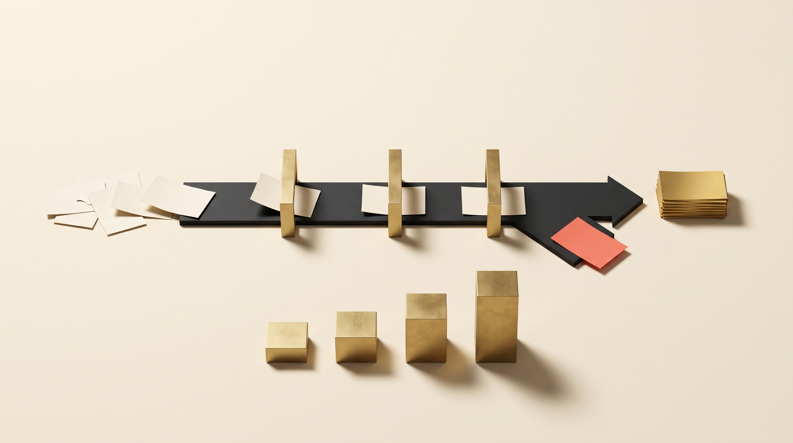 Paper requests moving through a structured automation workflow with an exception path and rising cost blocks