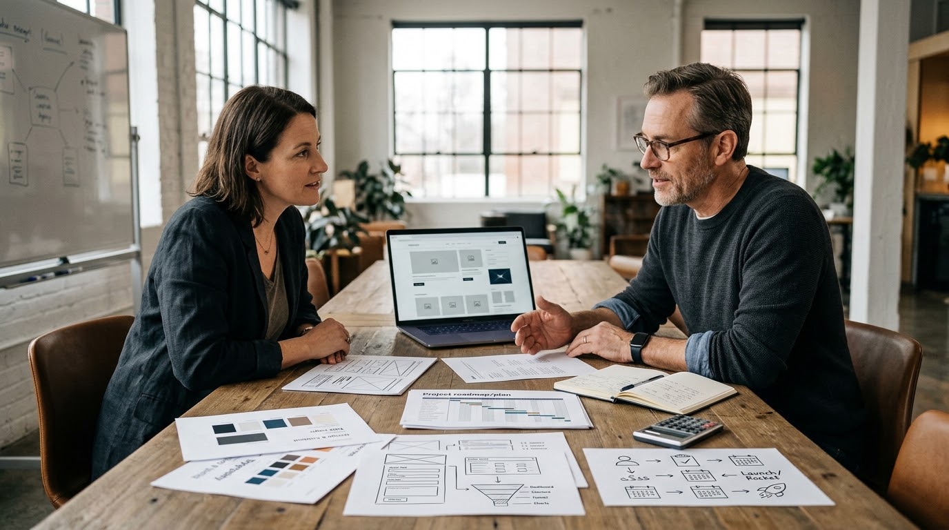 Business owner and website strategist reviewing the work and costs behind a professional company website