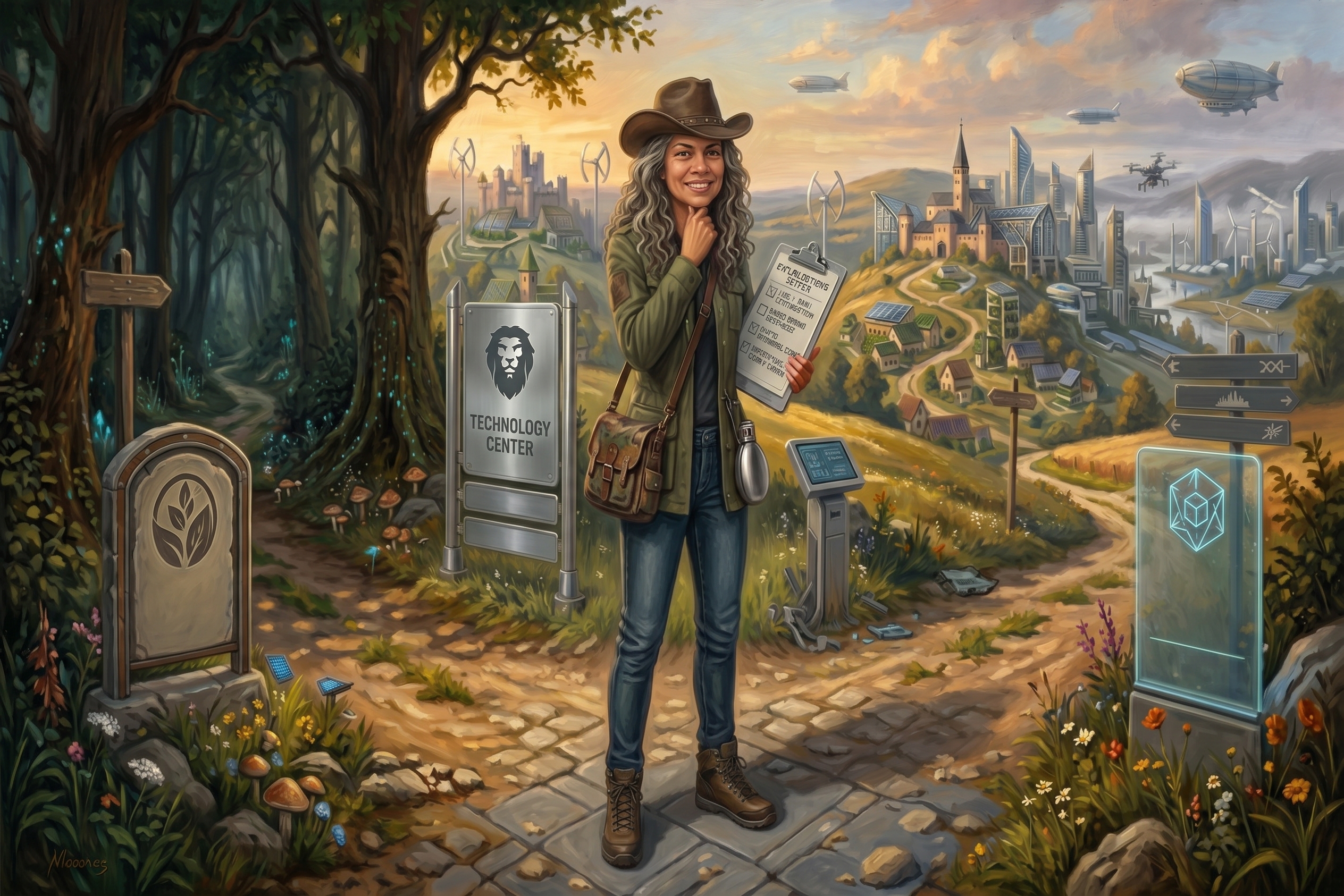 Business owner holding a vendor checklist at a fork between different software development paths