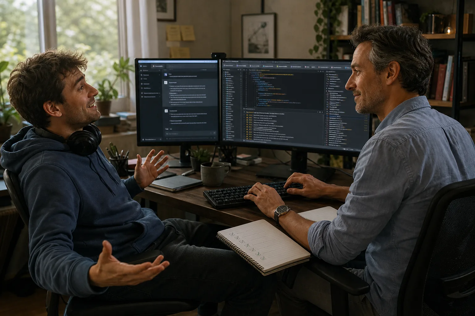 Illustration of a product builder and software engineer reviewing an application together