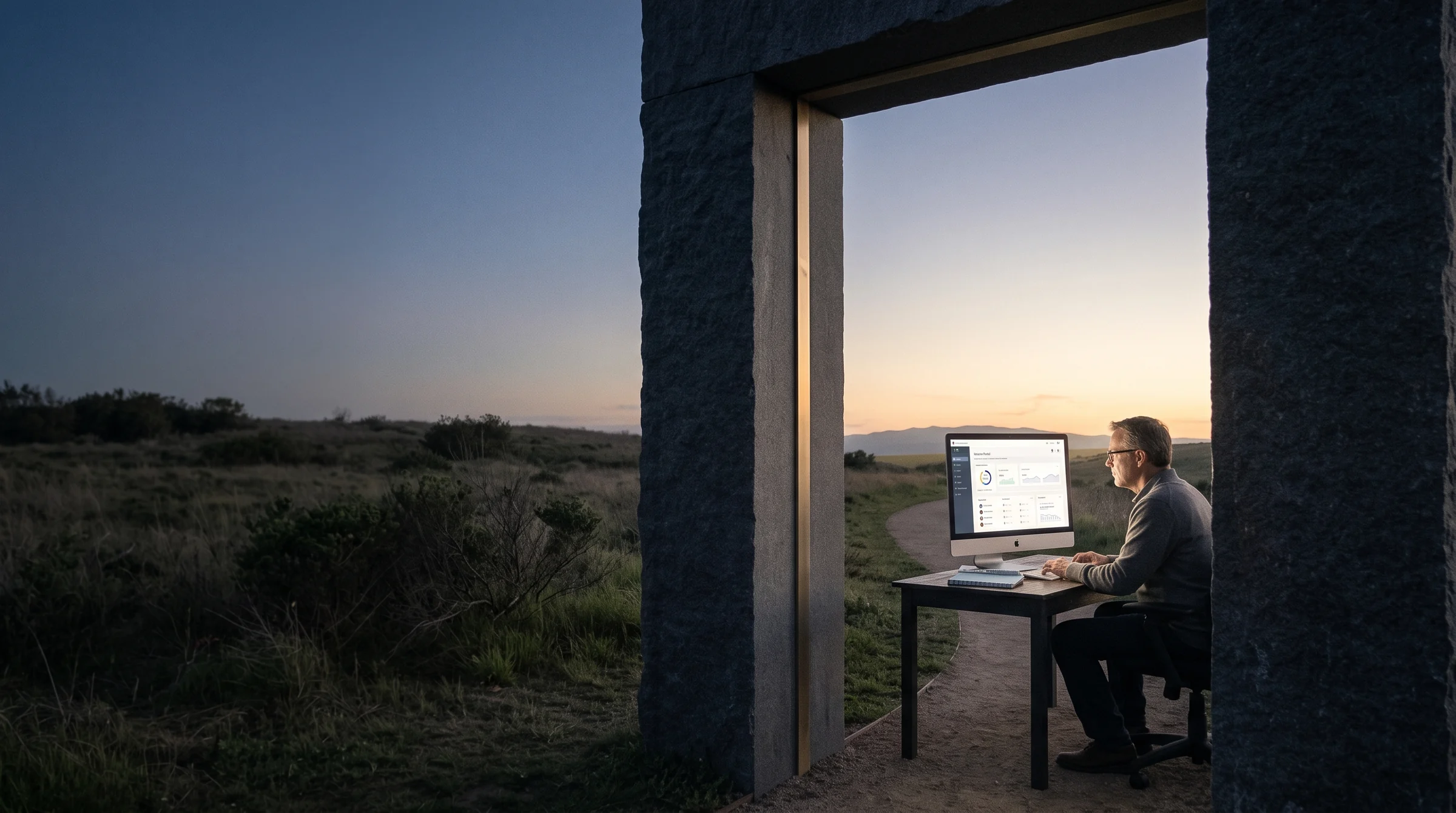 A man at a computer framed by a charcoal stone doorway overlooking a curved path at sunset
