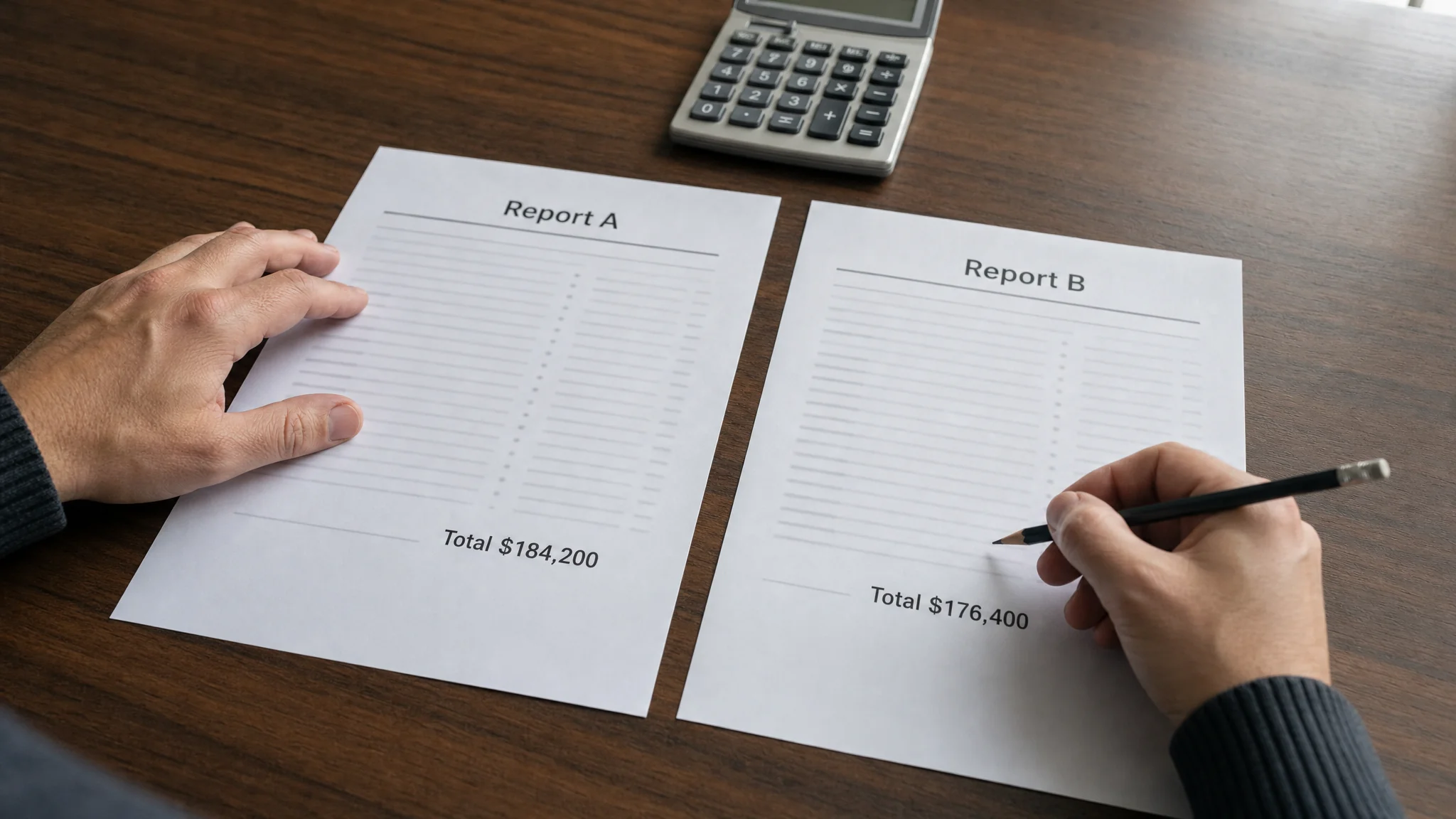 Analyst using a pencil and calculator to compare totals on two printed business reports