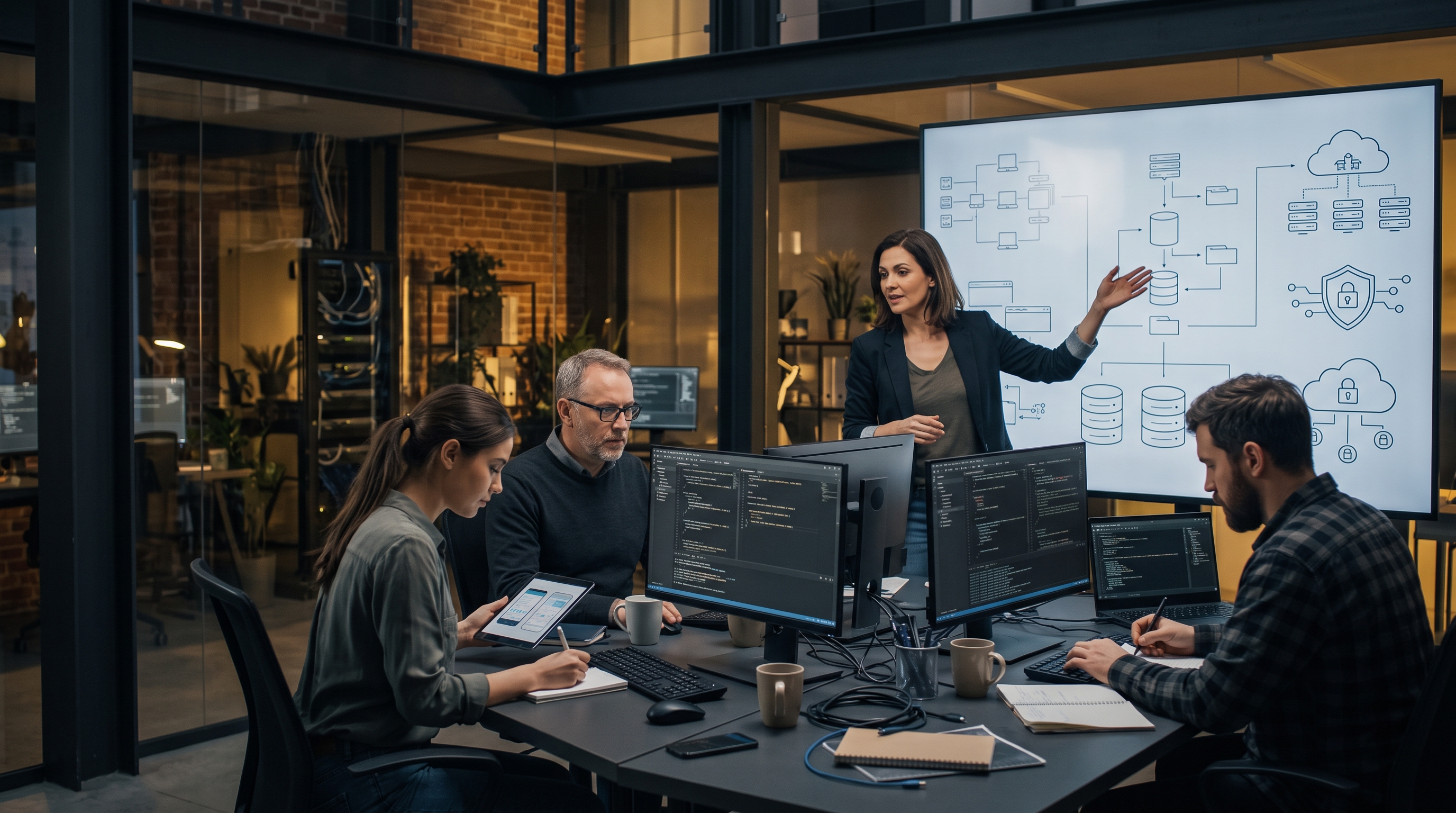 Custom software development team reviewing application architecture, security, and deployment plans