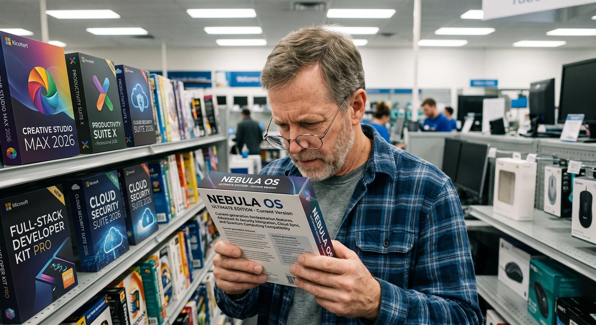 Shopper comparing boxed off-the-shelf software in an electronics store