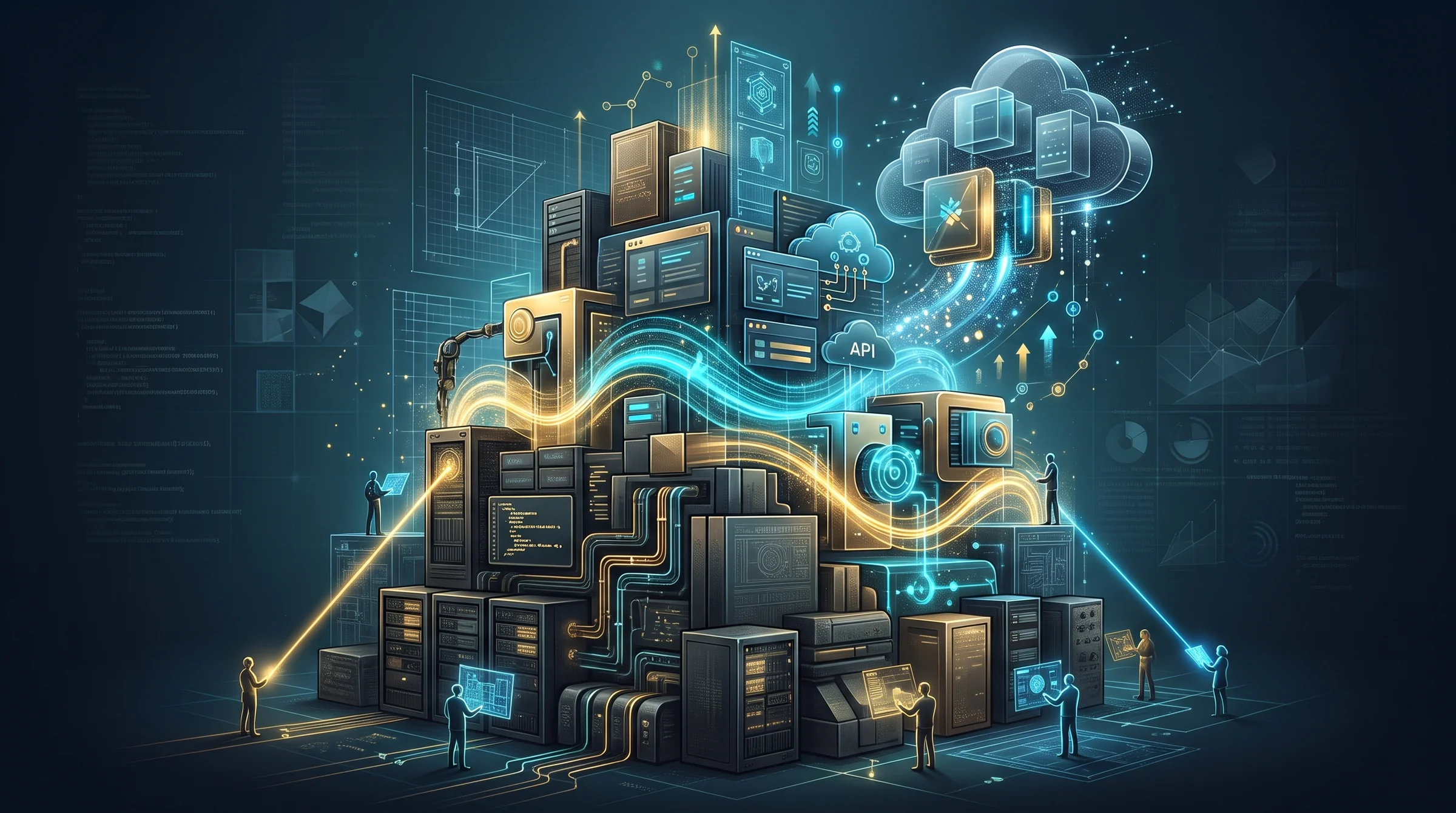 Legacy servers and business applications connected to cloud services by blue and gold data streams