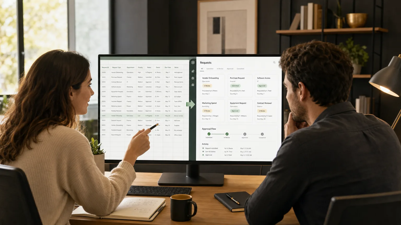 Illustration of two colleagues planning a shared web application beside their existing spreadsheet workflow