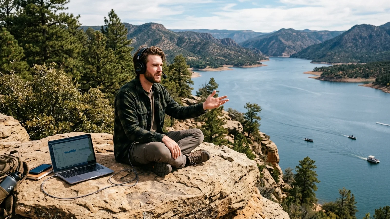 A remote support specialist working from a mountain overlook beside a laptop