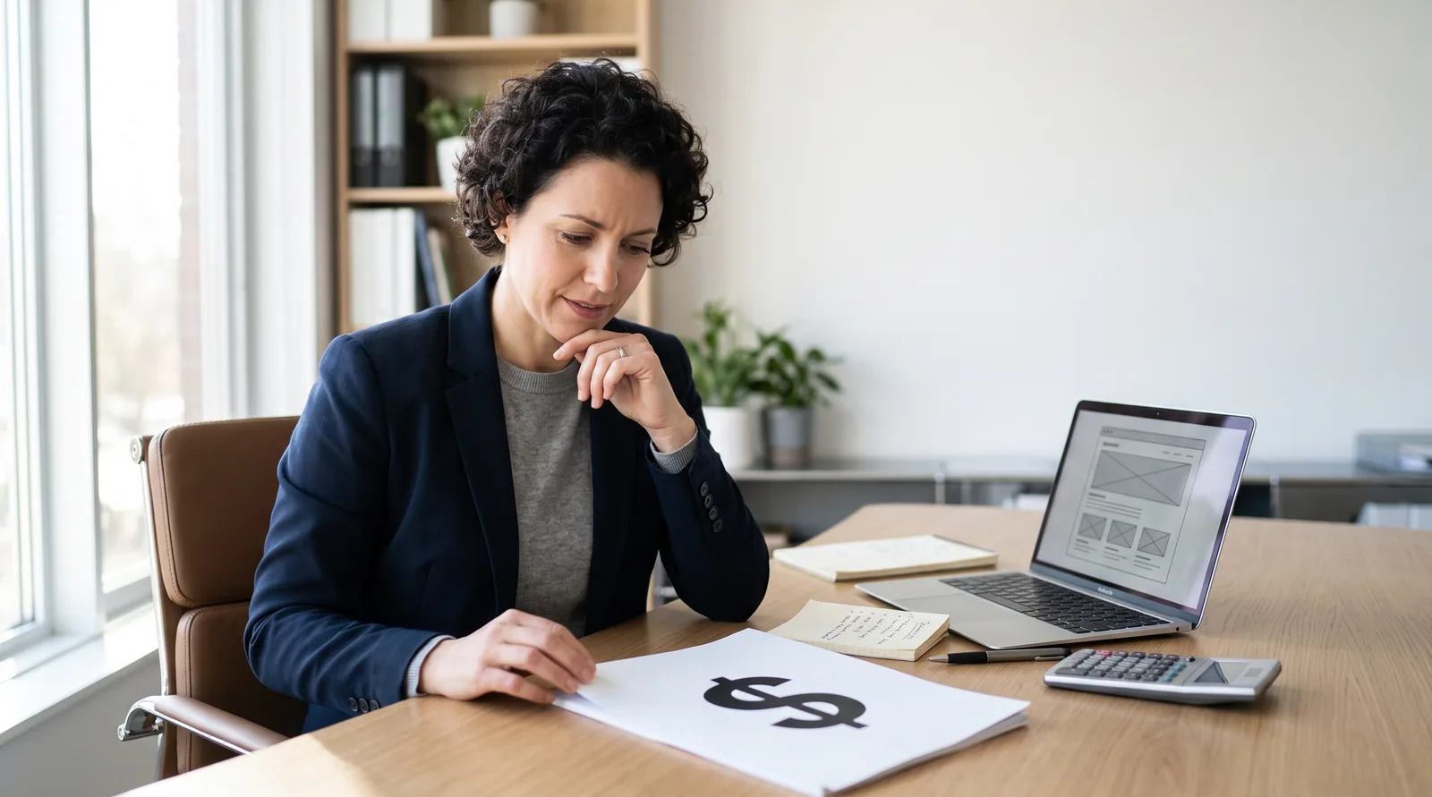 Business owner reviewing custom software development costs with a laptop, calculator, and dollar sign
