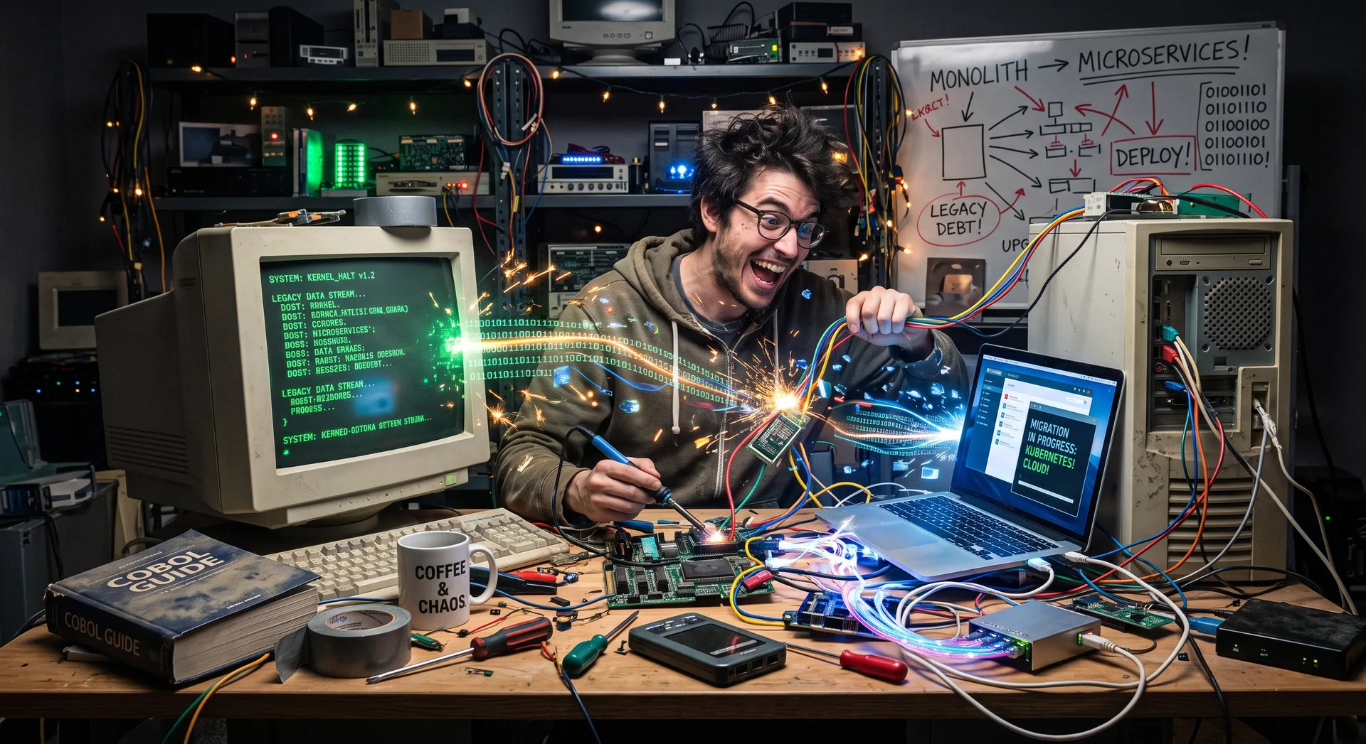 Developer connecting legacy computer hardware to a modern laptop beside a microservices migration diagram