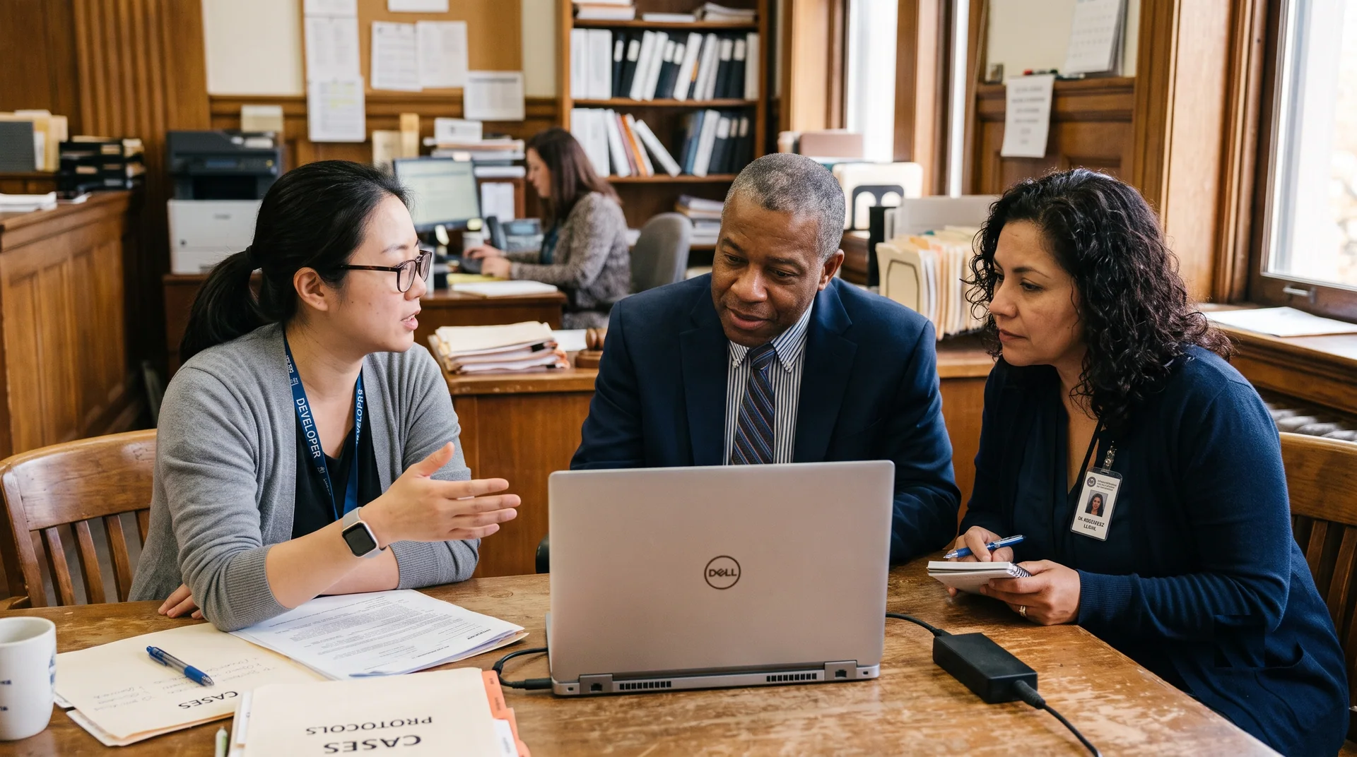 Software developers and court staff reviewing an application together in a judge’s office