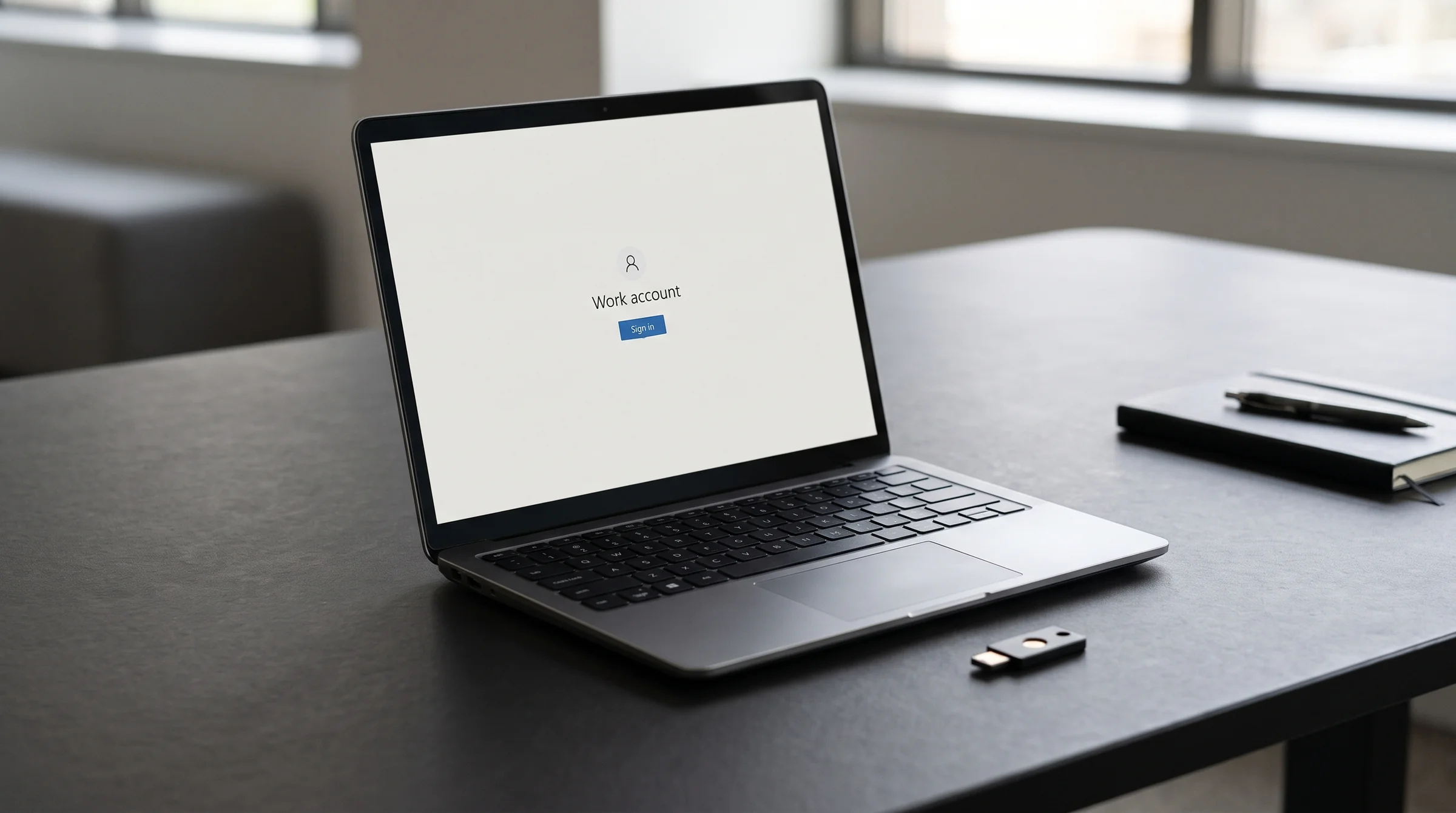 Laptop showing a simple work-account sign-in screen with a USB security key on the desk