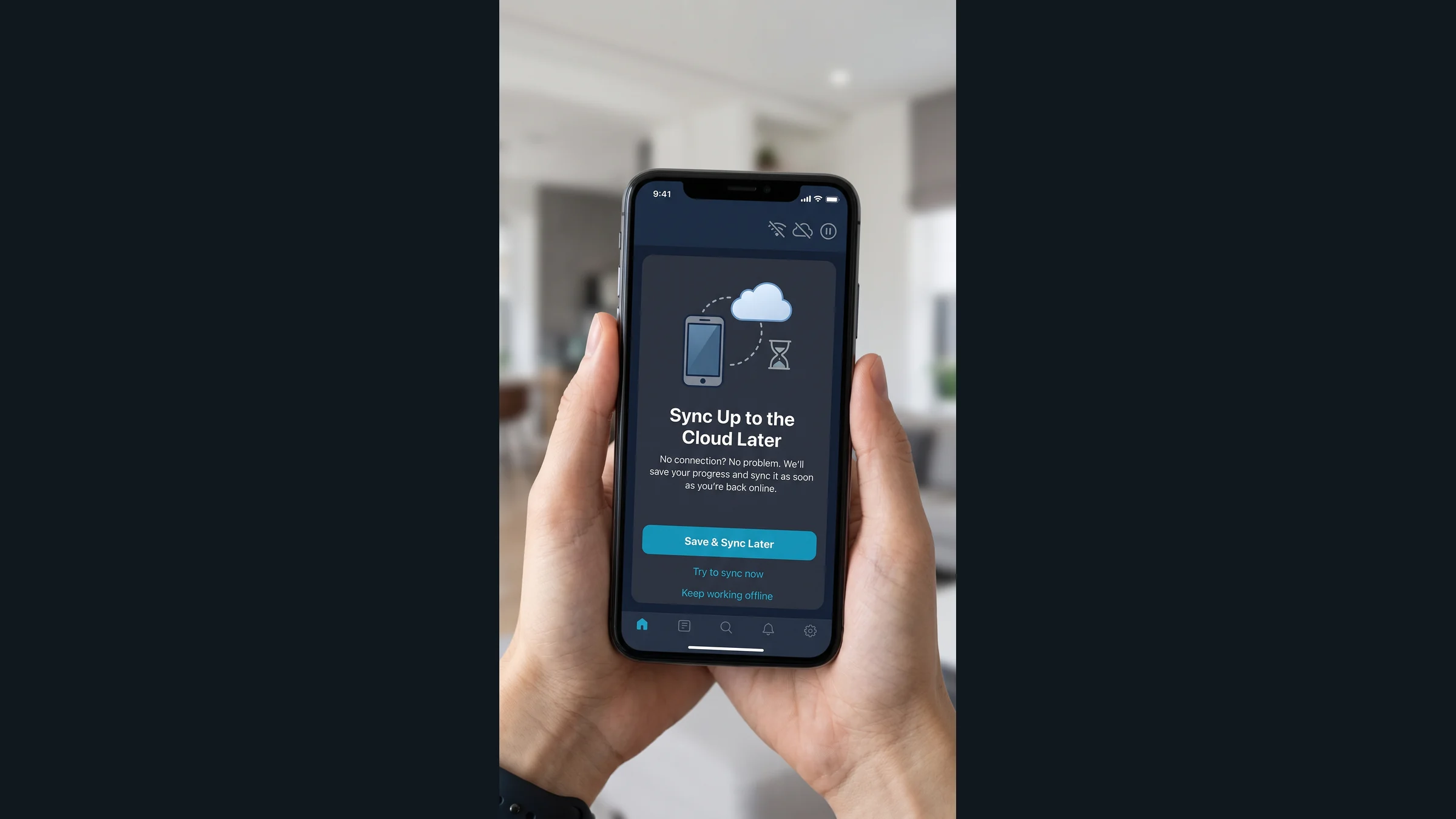 Hands holding a smartphone with an offline save and cloud sync screen