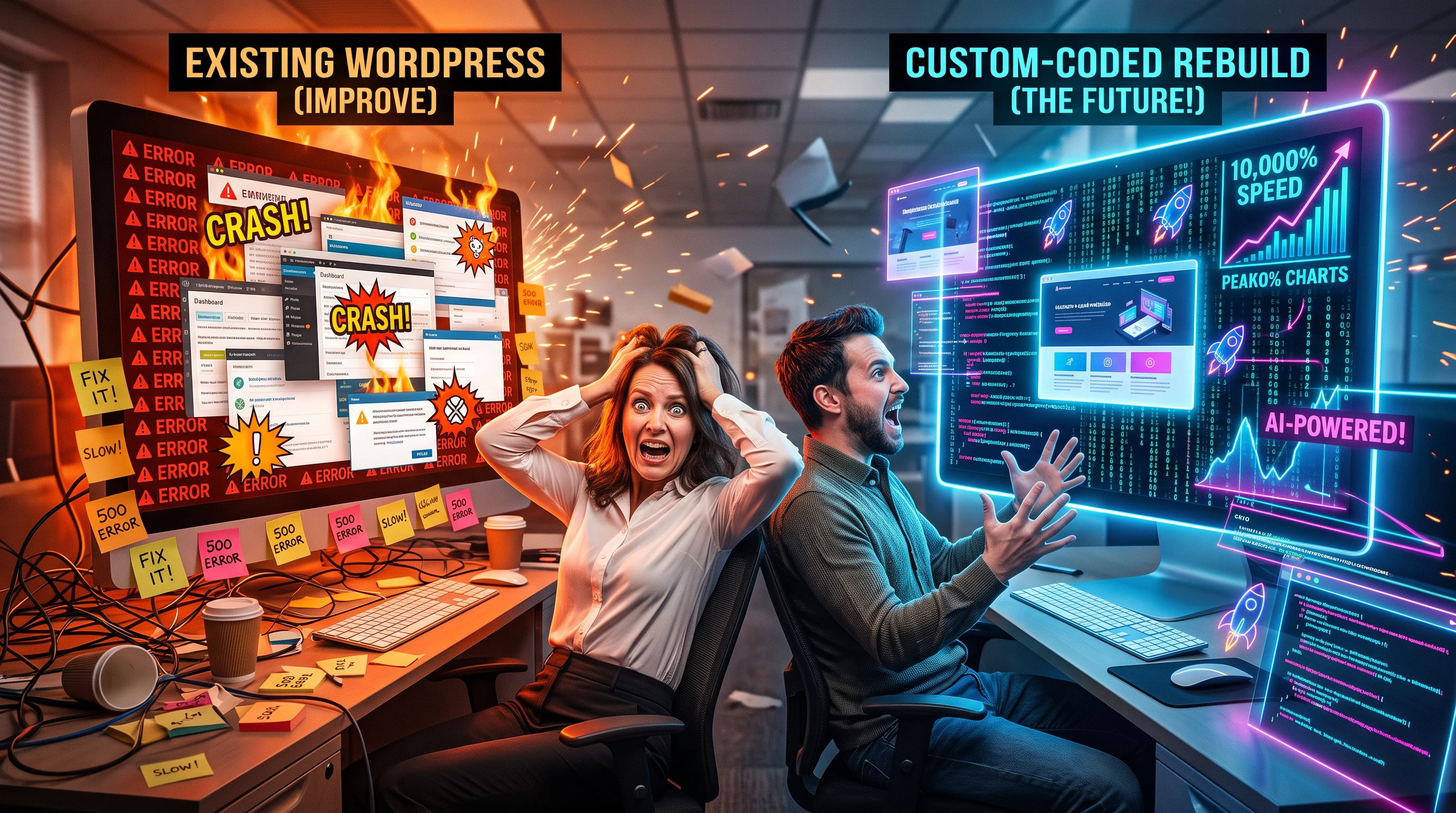 Split-screen comparison of a failing WordPress website and an AI-assisted custom-coded rebuild