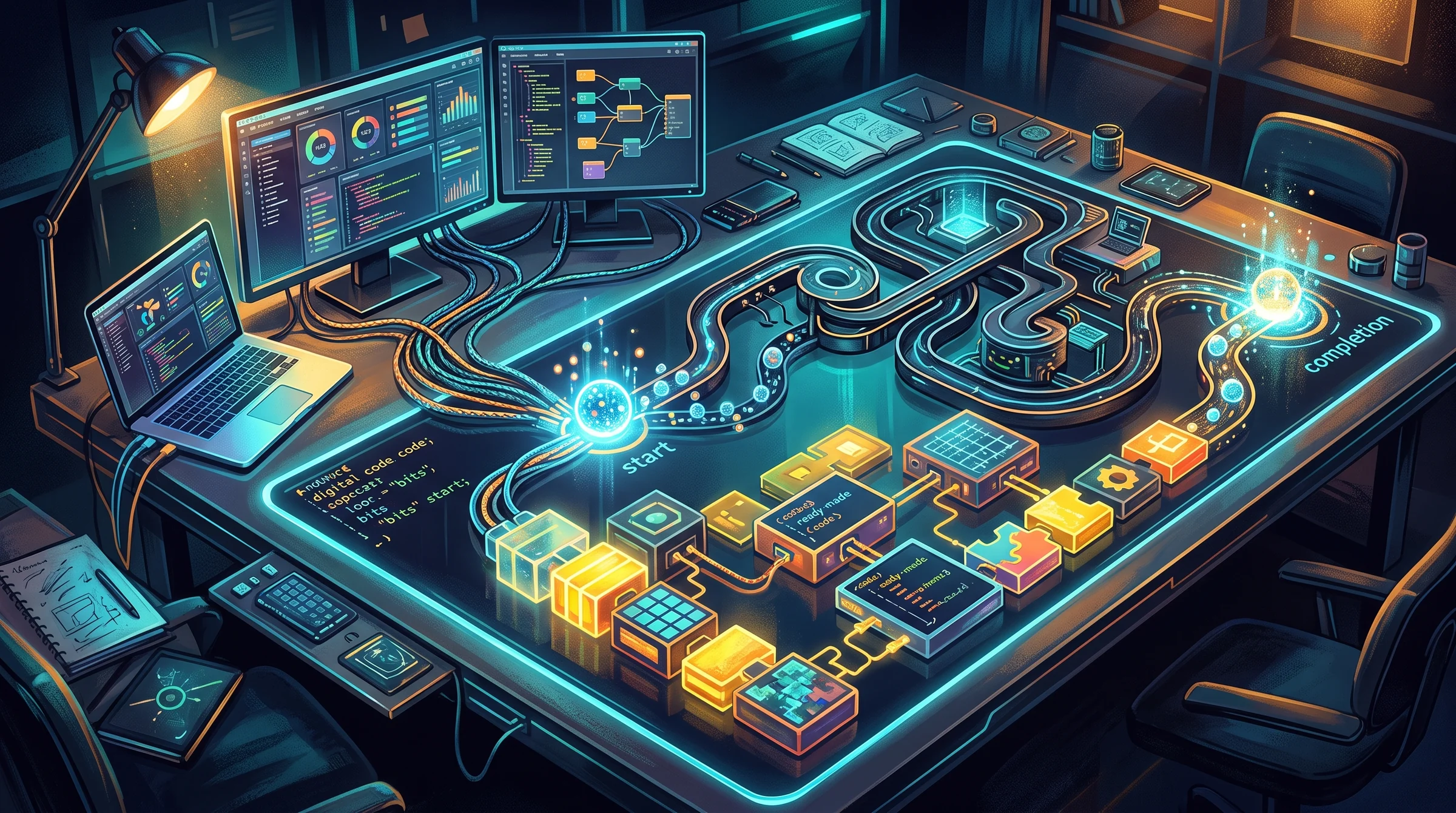 Illustration of modular components and custom-coded workflows connected across a software development workbench