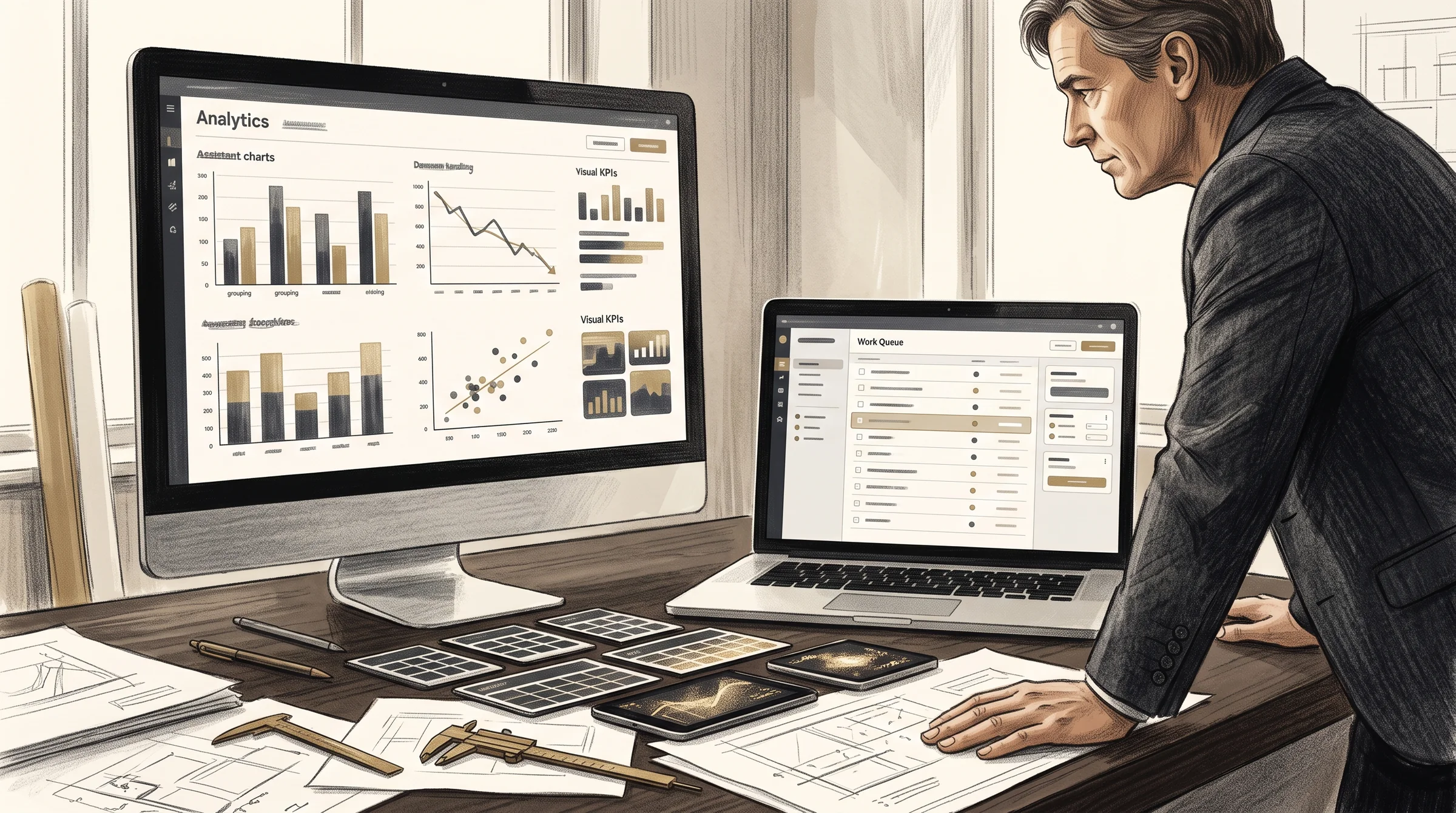 Operations manager comparing analytical charts with a custom work queue connected to shared business data