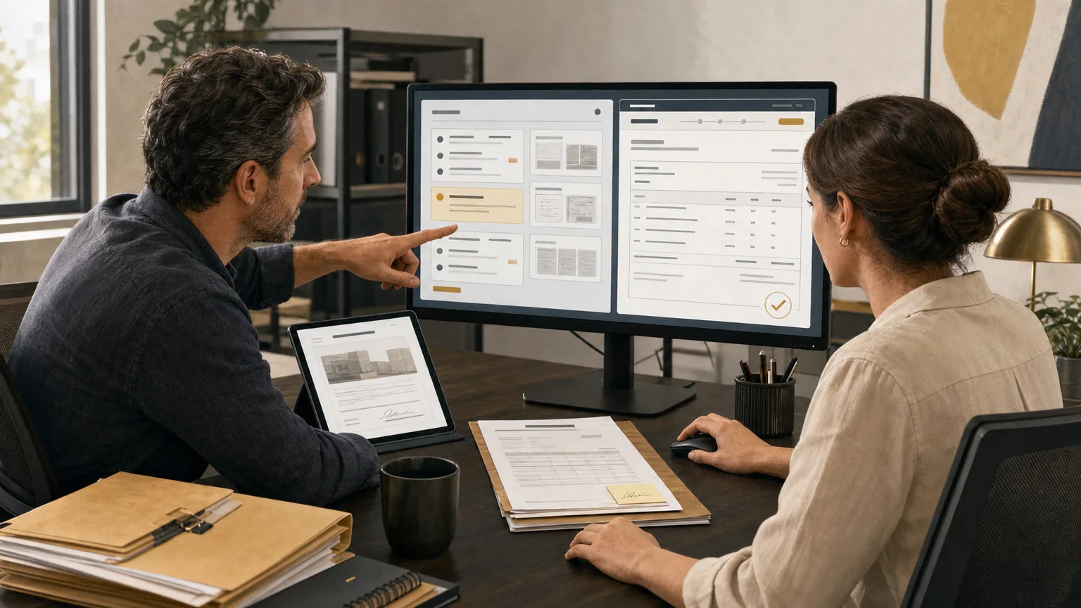 Illustration of operations and billing staff reviewing delivery documents and an invoice in connected business applications
