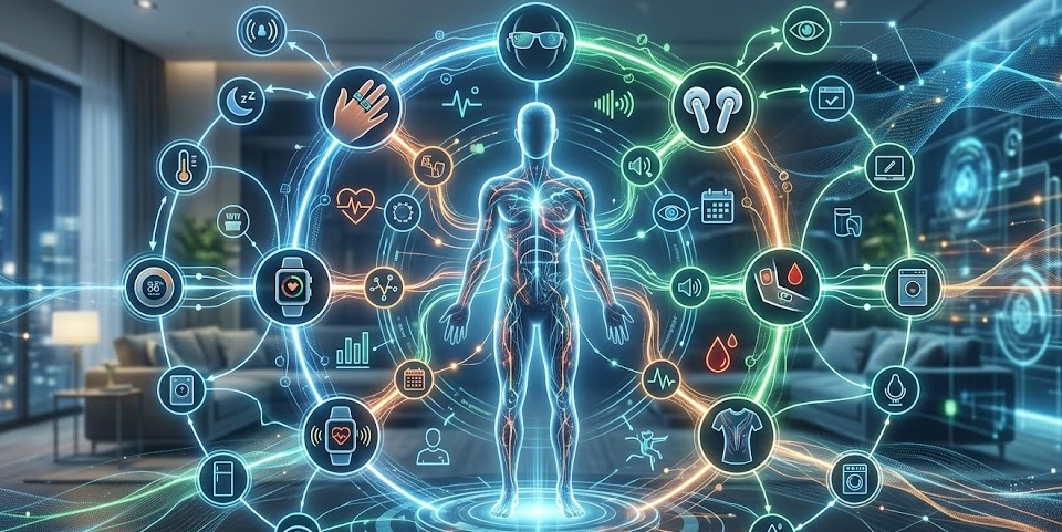 A person surrounded by interconnected smart health and home device signals