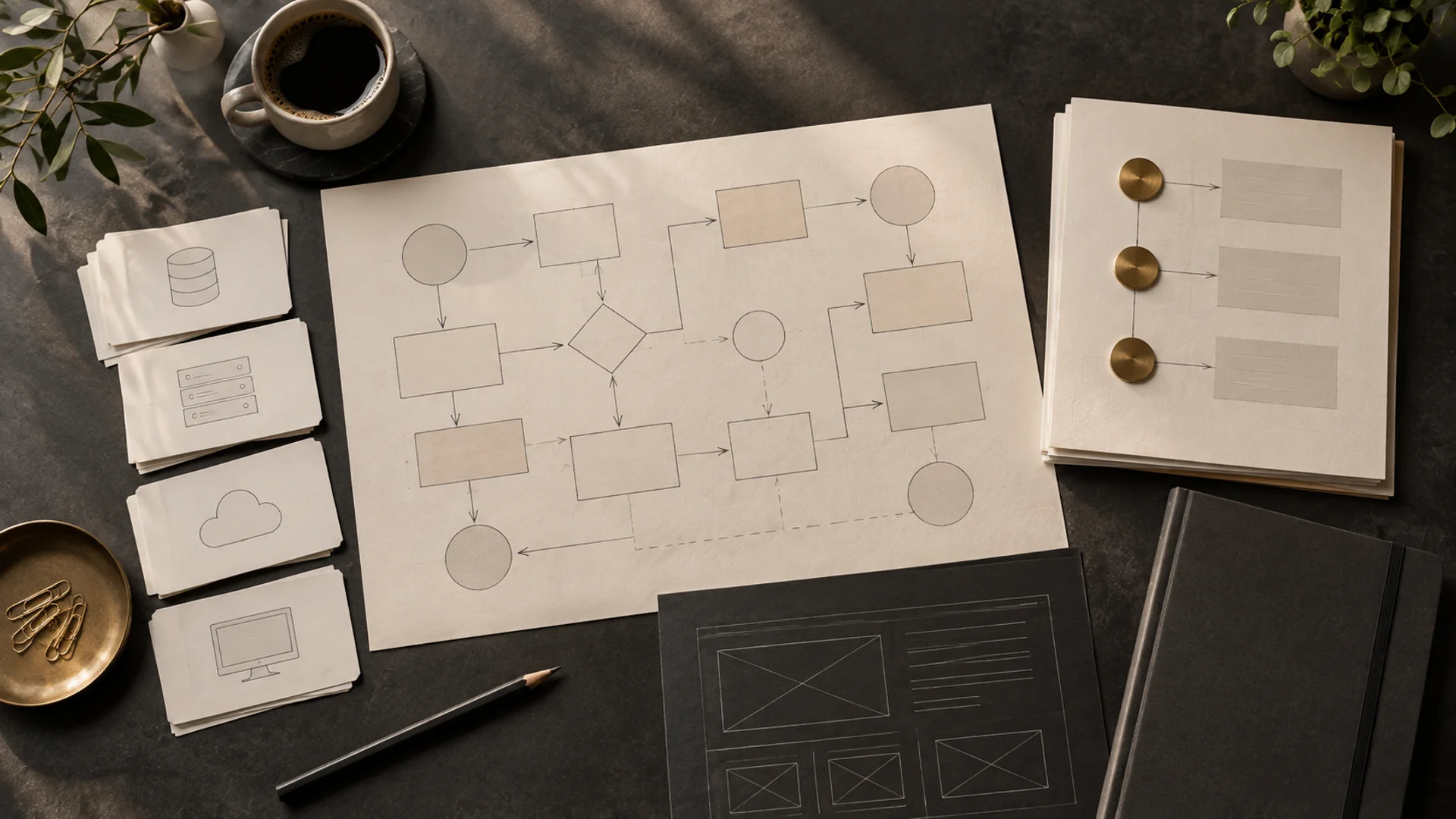 Software discovery materials with a workflow map, system inventory cards, wireframe, and milestone plan