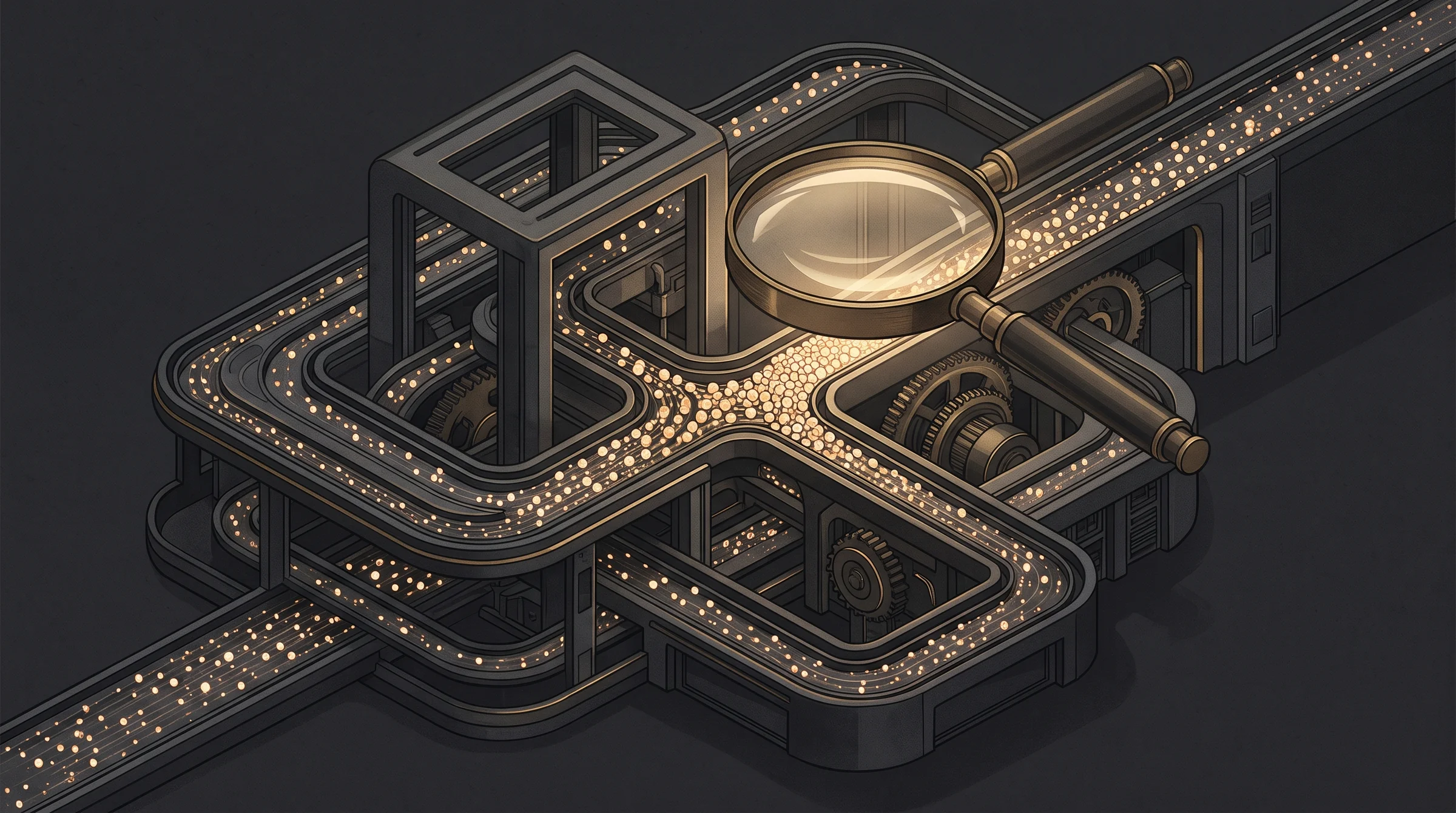 Magnifying lens inspecting a crowded junction in an illustrated graphite and gold data-processing mechanism