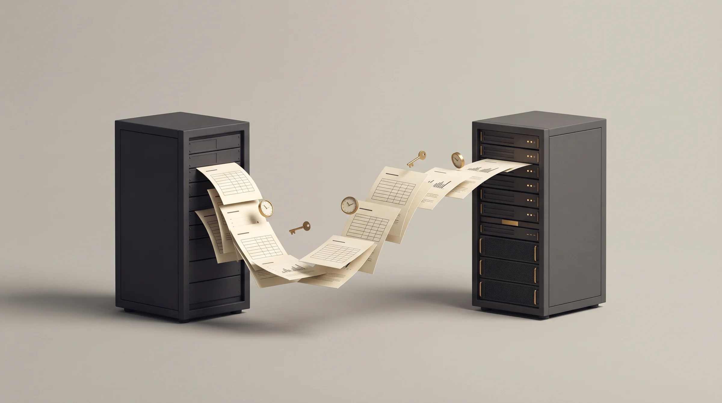 Business reports flowing between two server cabinets with clocks and keys representing schedules and permissions
