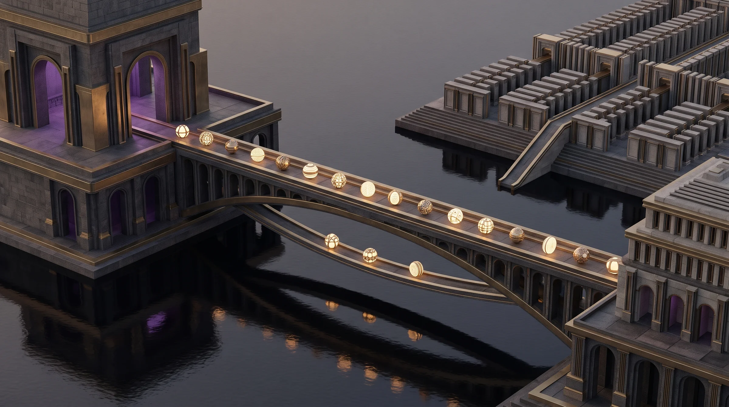 Architectural bridge carrying payment tokens into orderly business records, with a separate return lane for refunds