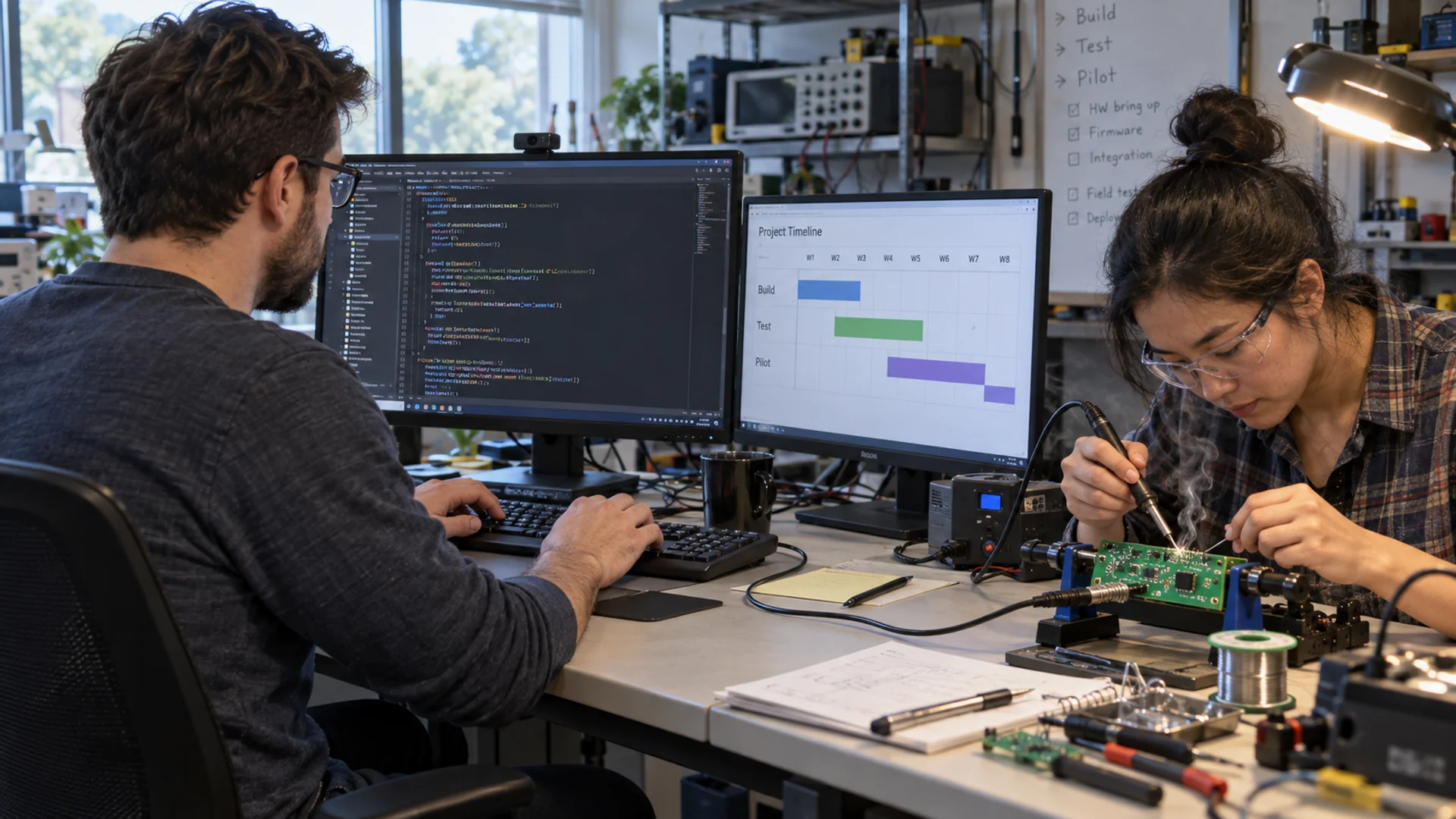 Engineers integrating software and hardware, with source code and a project timeline beside a connected circuit board being soldered