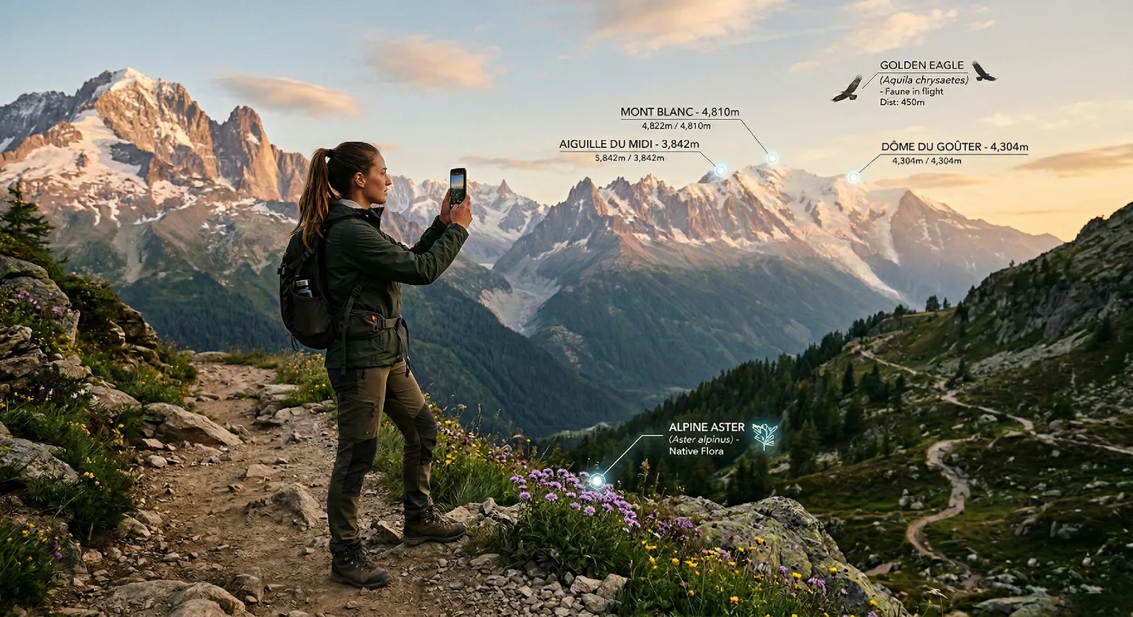 A hiker using augmented reality to identify mountains, wildlife, and flowers