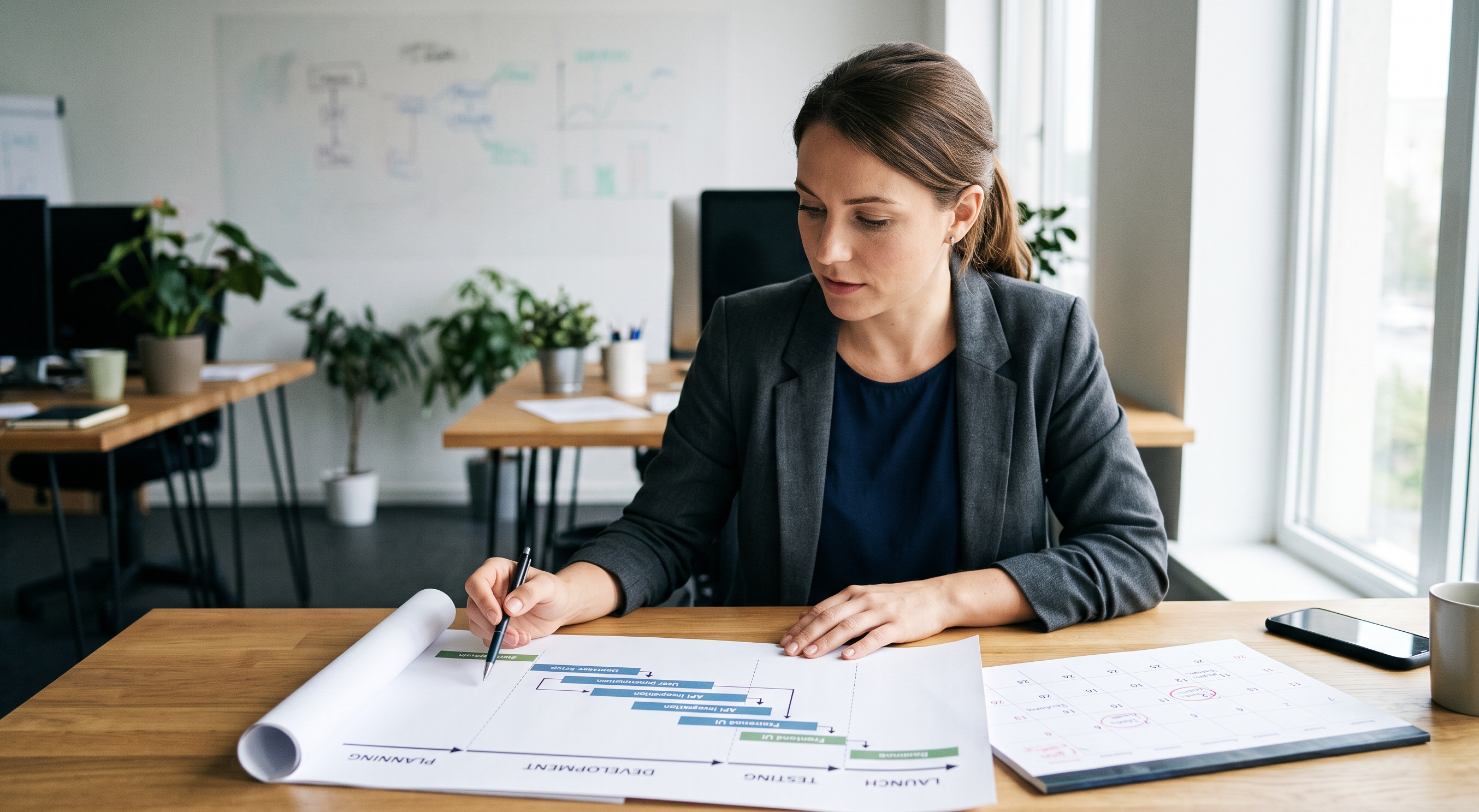 Project manager reviewing a custom software development timeline at a desk