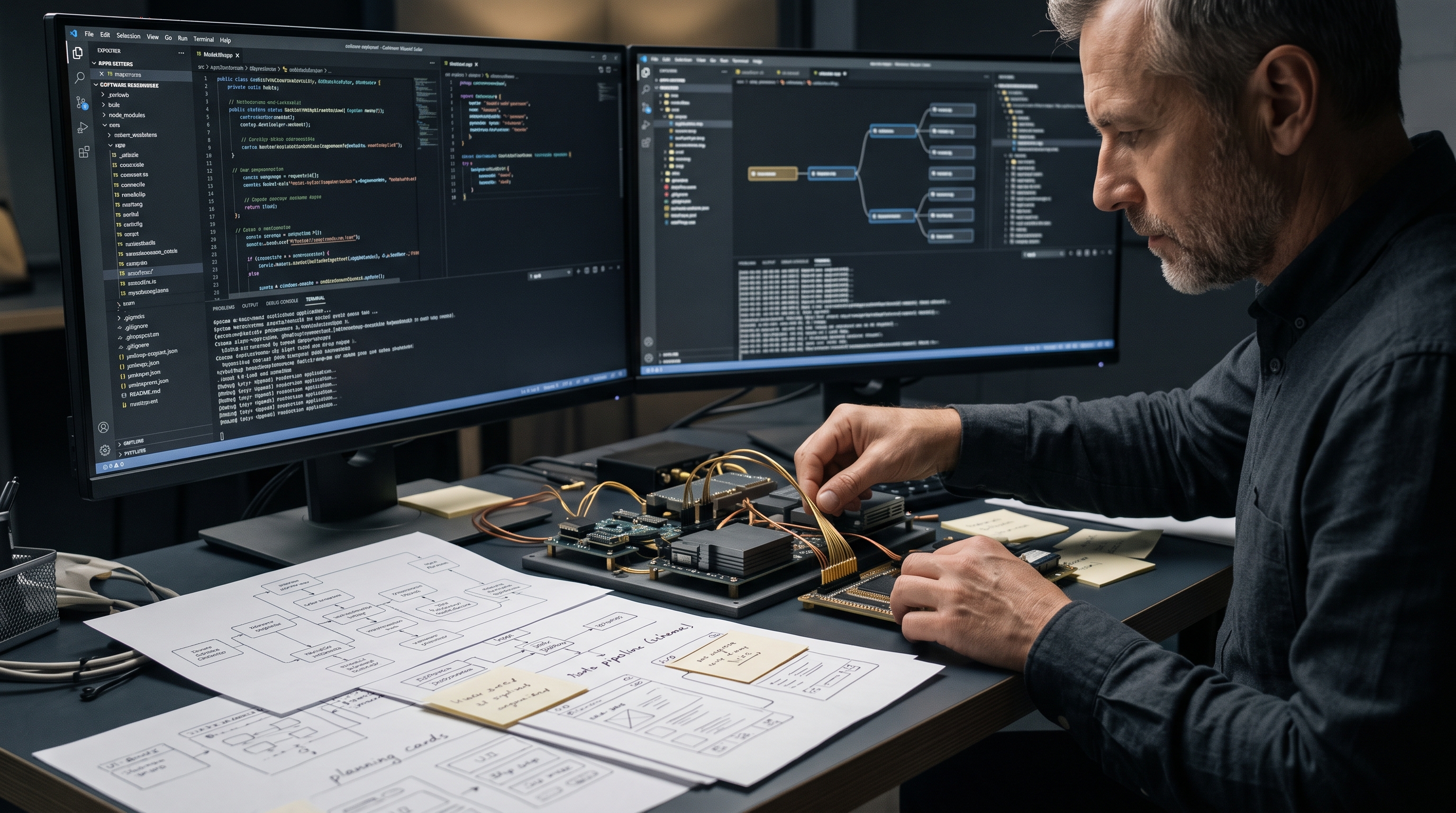 Experienced engineer reviewing source code, architecture diagrams, and hardware while rescuing an unfinished app