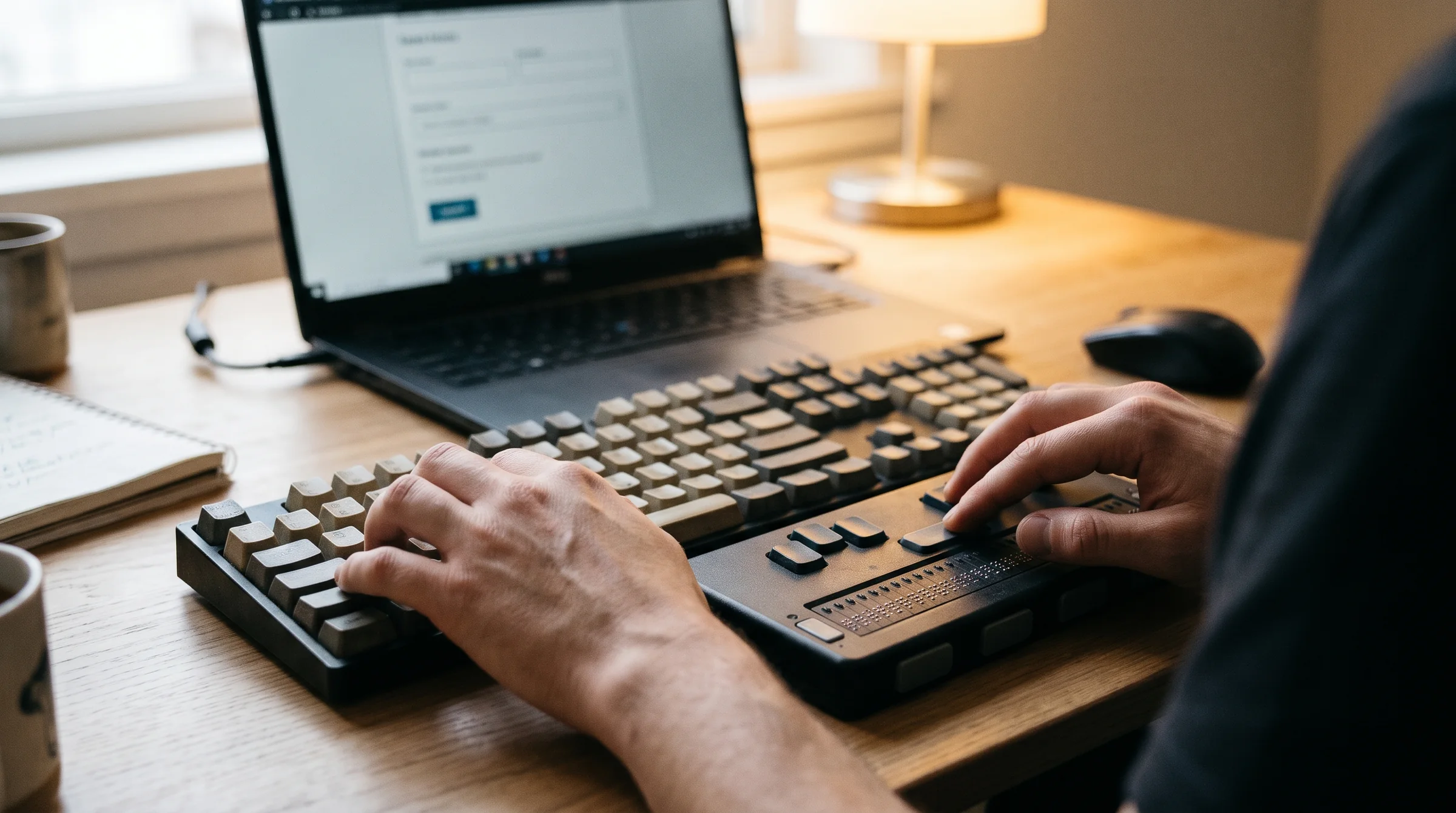 A person using a keyboard and refreshable braille display beside a laptop showing a web form