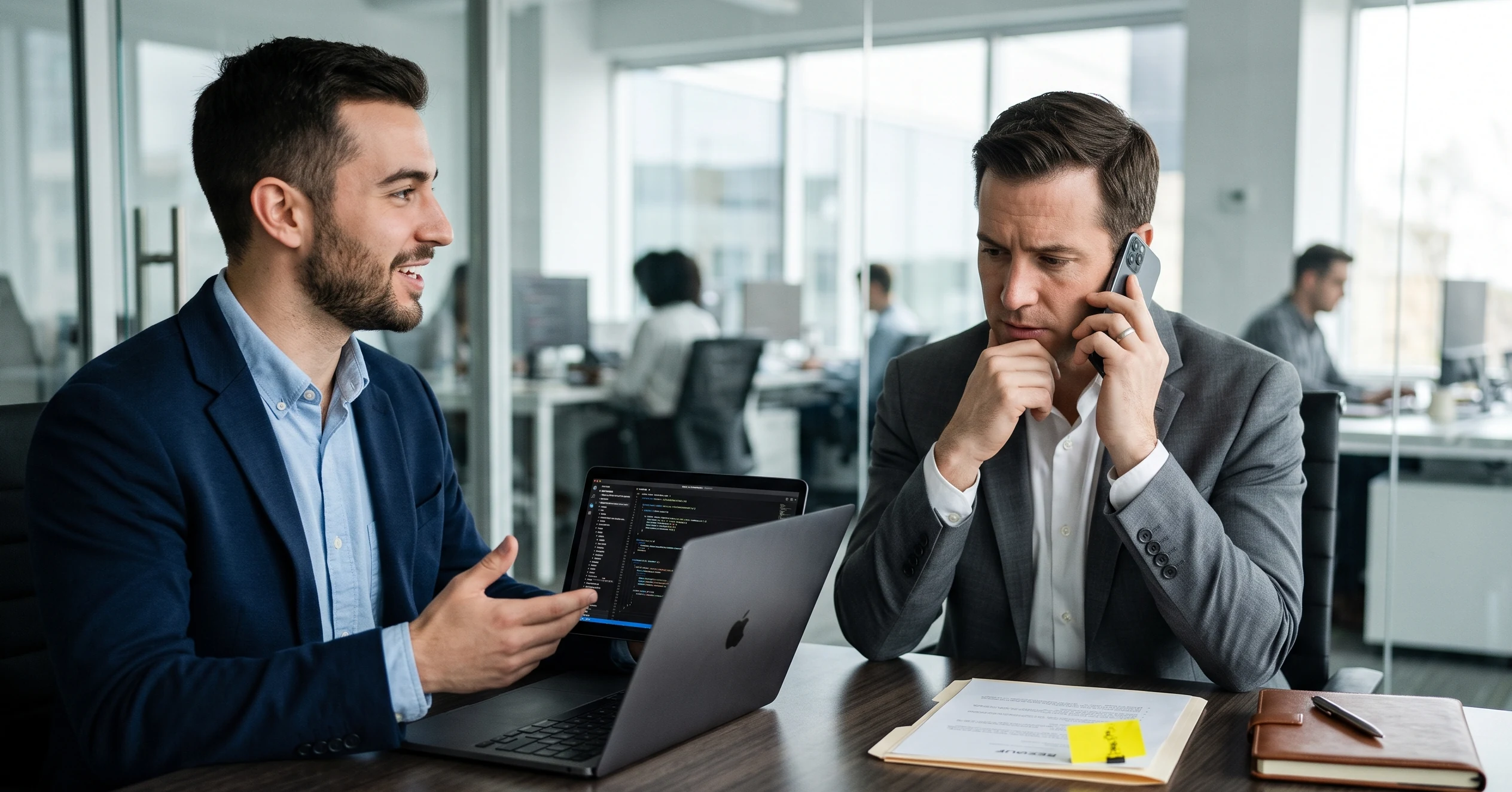 A software developer speaking with a hiring manager during a technical interview and reference call