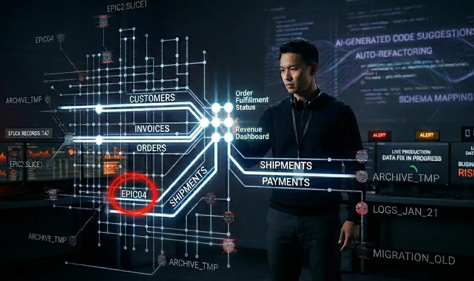 A developer examining a complex database schema and its business relationships