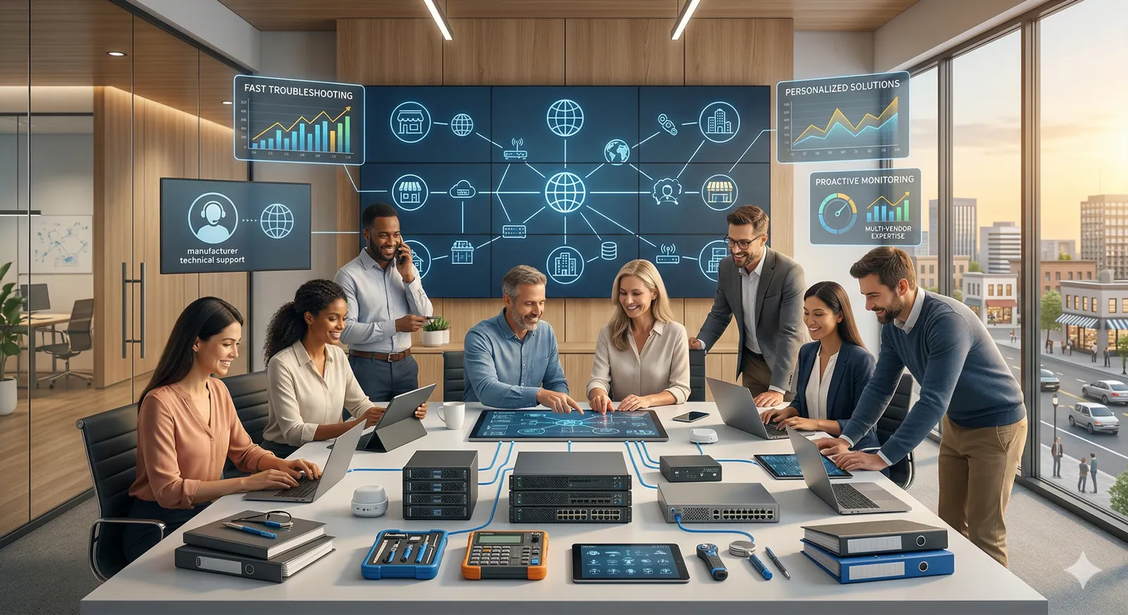 A technology support team collaborating around connected business systems