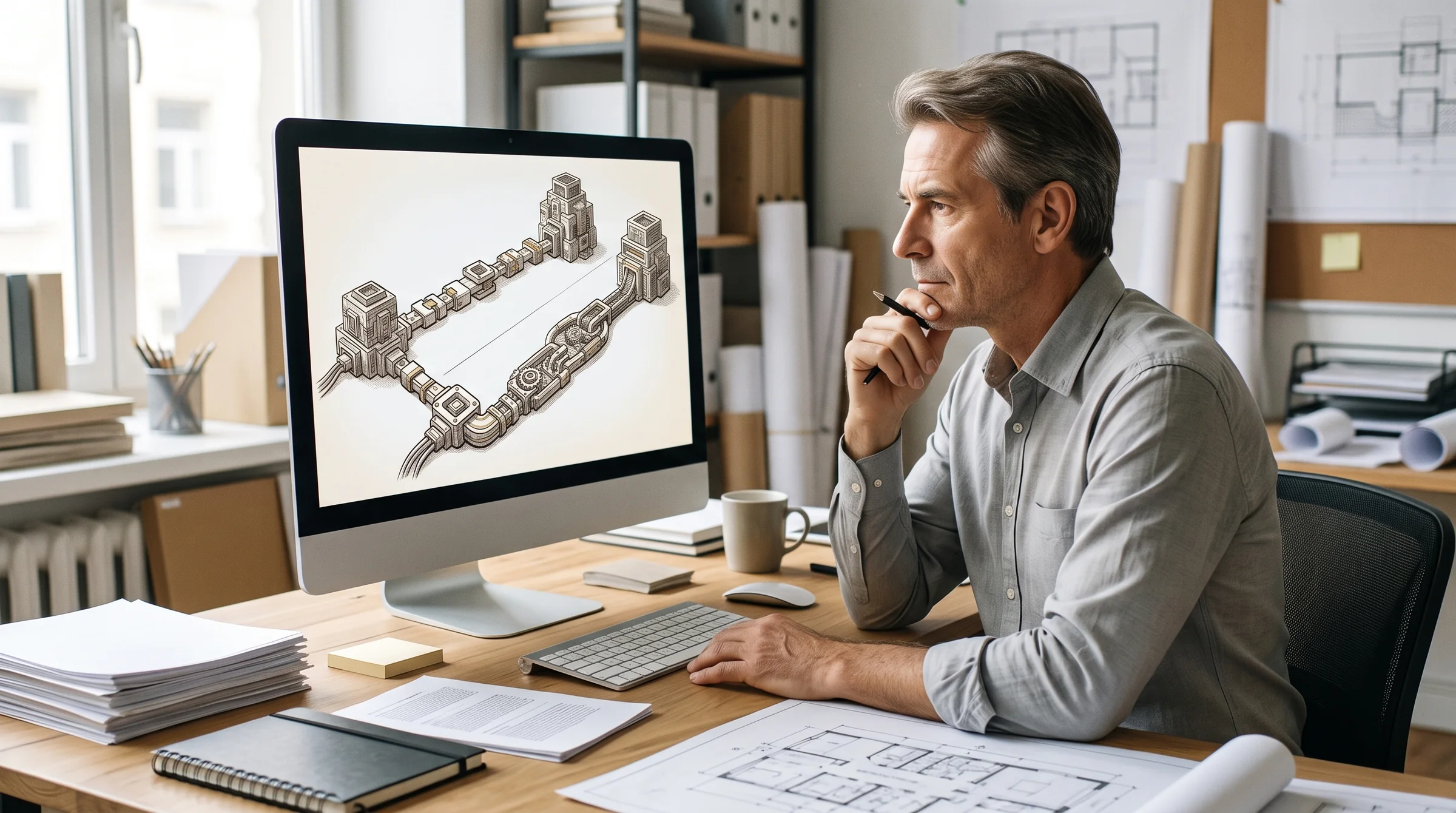 Engineer reviewing a diagram of modular and custom connections between business systems