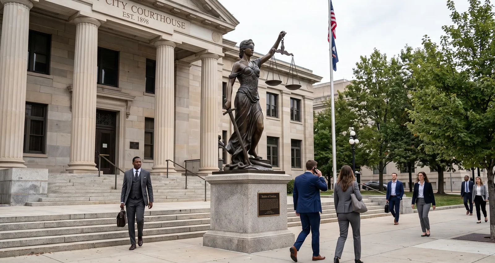 People approaching a courthouse beneath a scales of justice statue