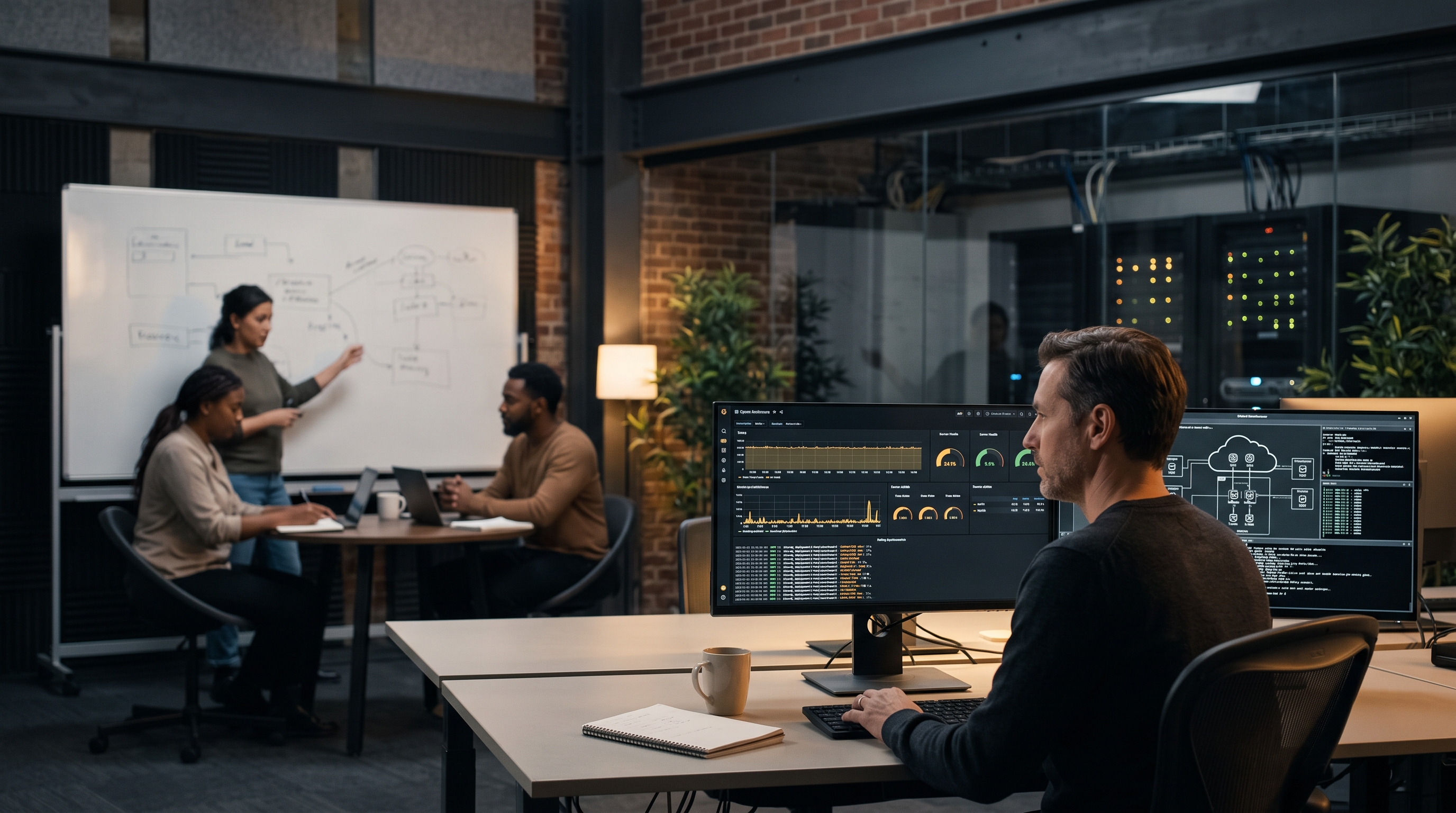 Software engineer monitoring a live AI-built application while a product team reviews its ongoing operation